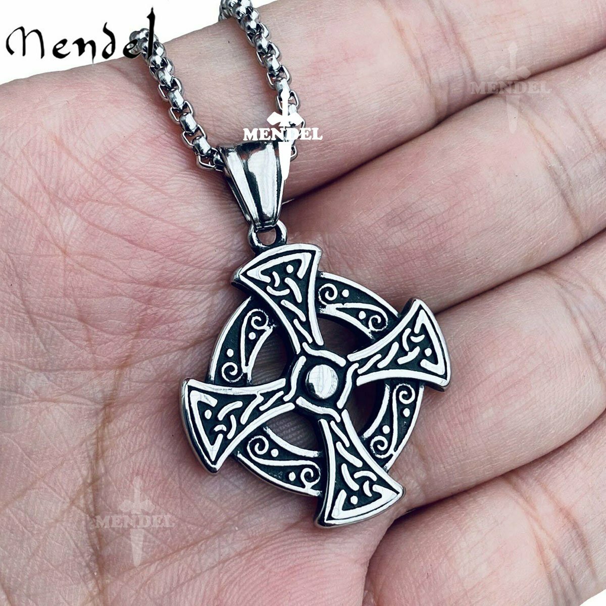 MENDEL Mens Womens Stainless Steel Celtic Cross Knot Pendant Necklace Chain Set