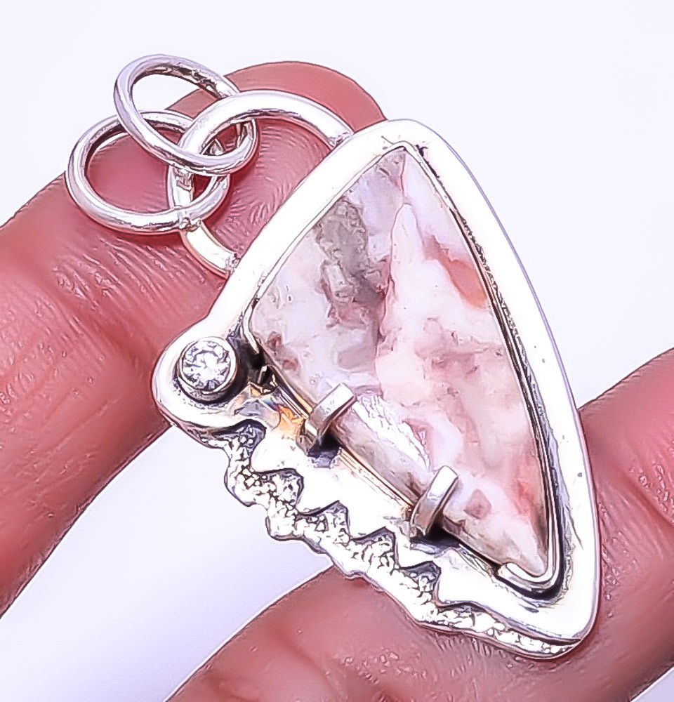 Rosetta Jasper & White Topaz Gemstone 925 Sterling Silver Pendant 1.95″ A378