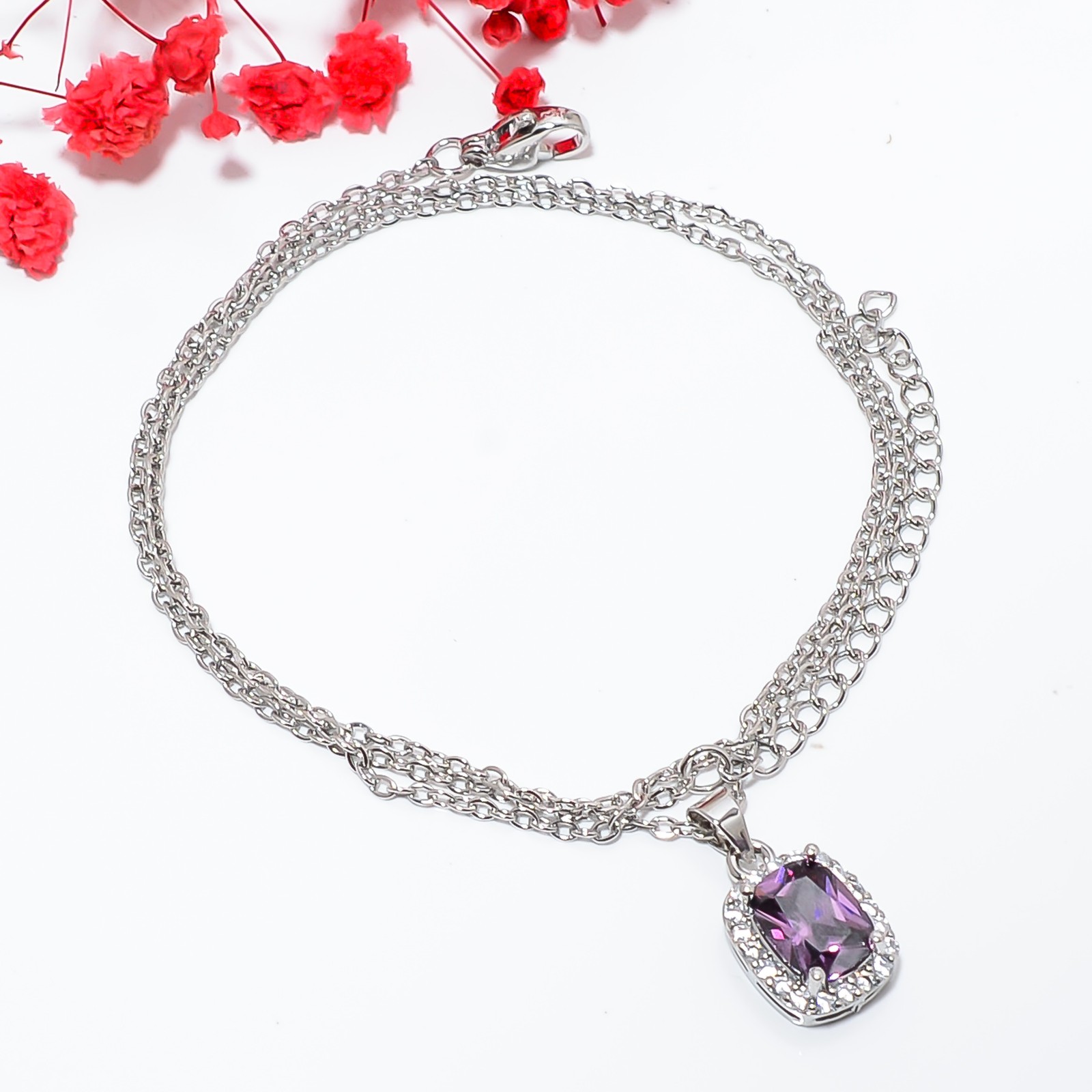 Purple Amethyst & Cz 925 Sterling Silver Pendant With Chain 18-20″ CP144625