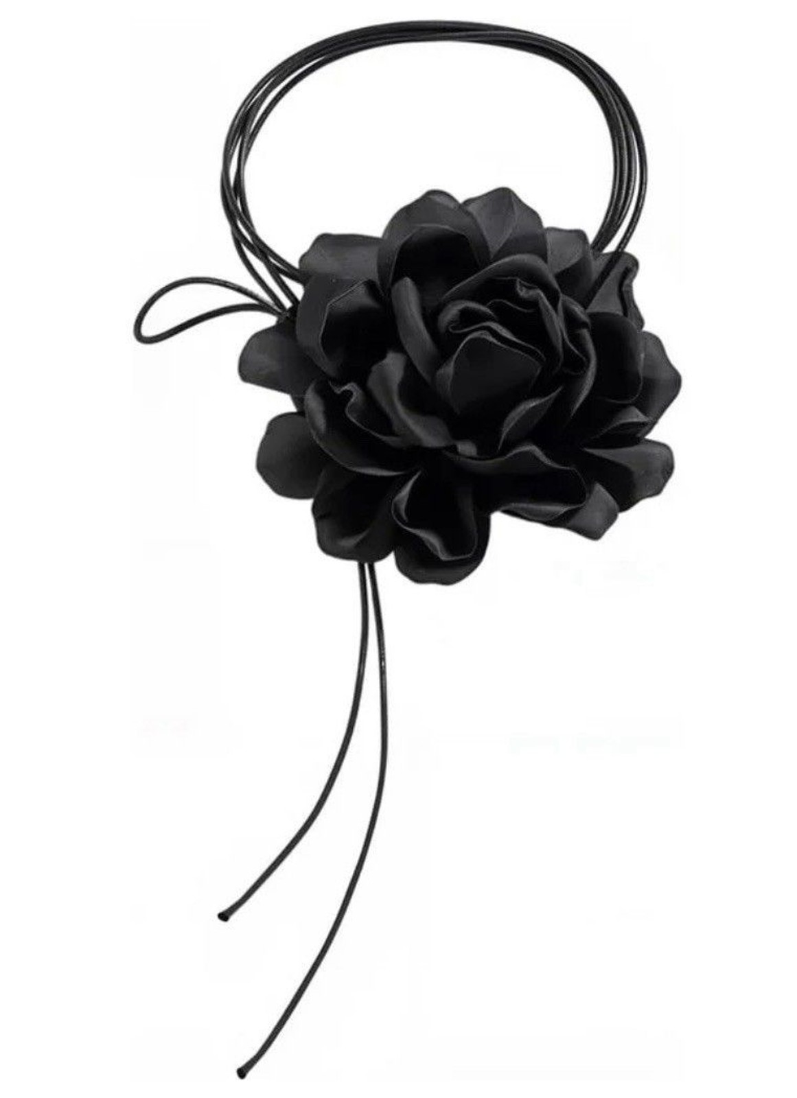 Black Fabric Flower Choker Necklace, Adjustable Cord Tie