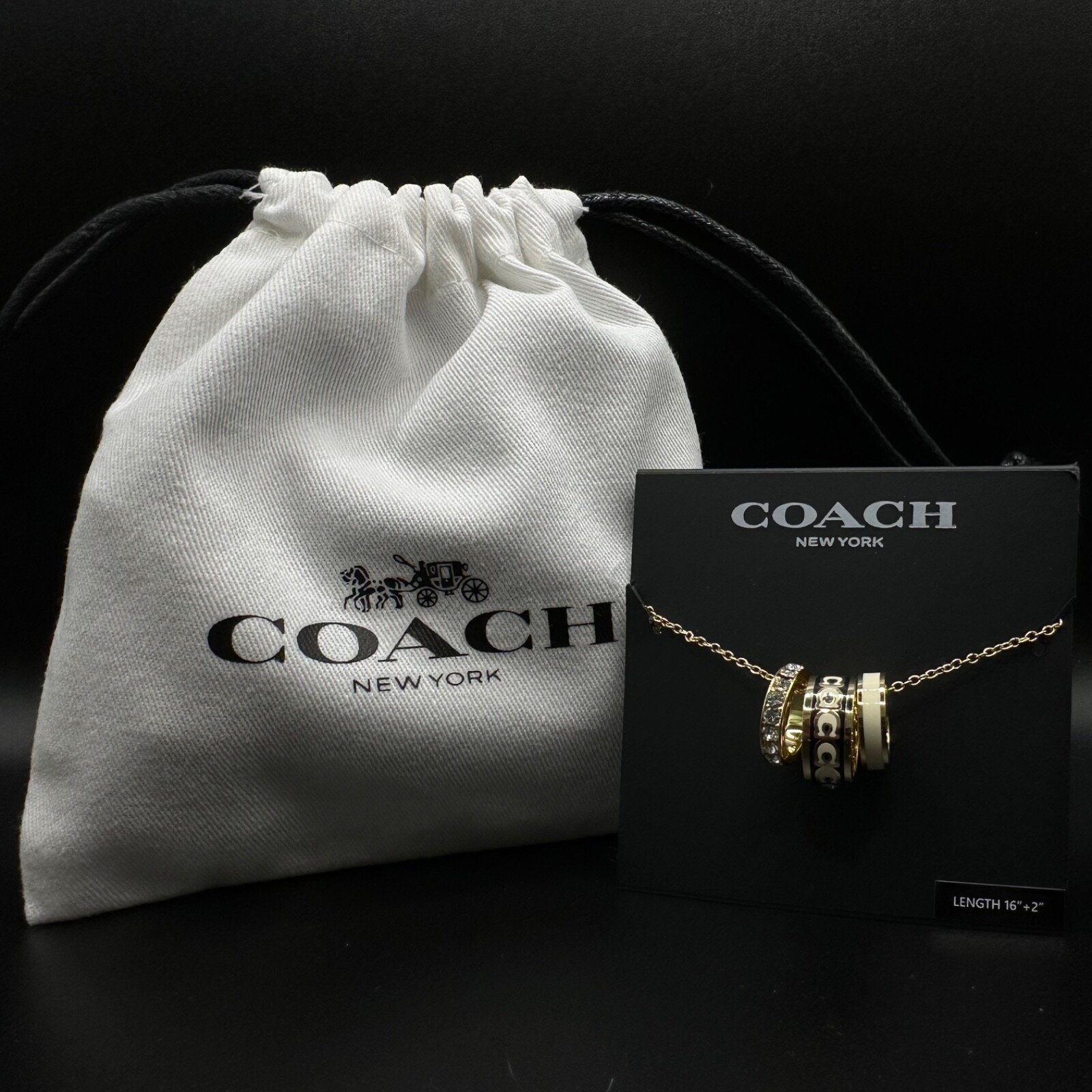 Coach Monogram Black Enamel Gold Ring Charm Necklace | Giftable, New | Packaging