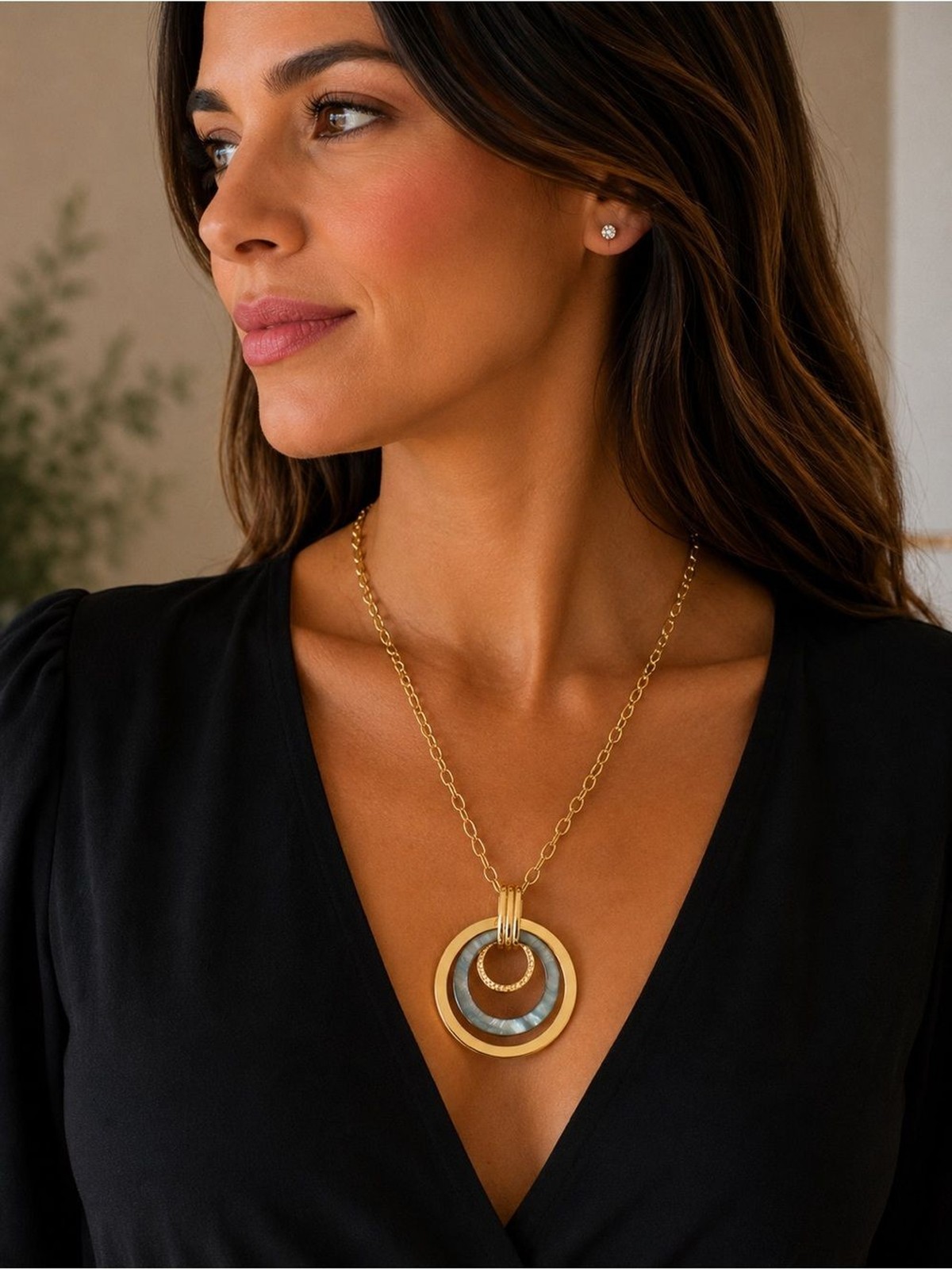 Gold & Black Geometric Circle Pendant Necklace | Modern Statement Fashion Jewelr
