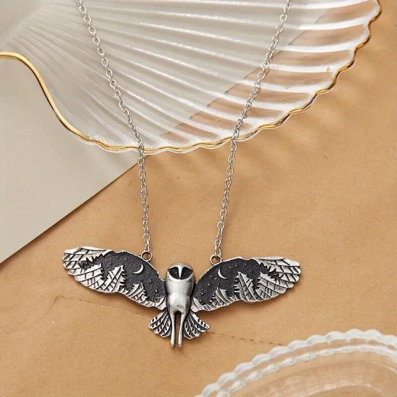 Vintage Silvery Owl Pendant Necklace Moon Phase Art Jewelry Gift Totem Men Women