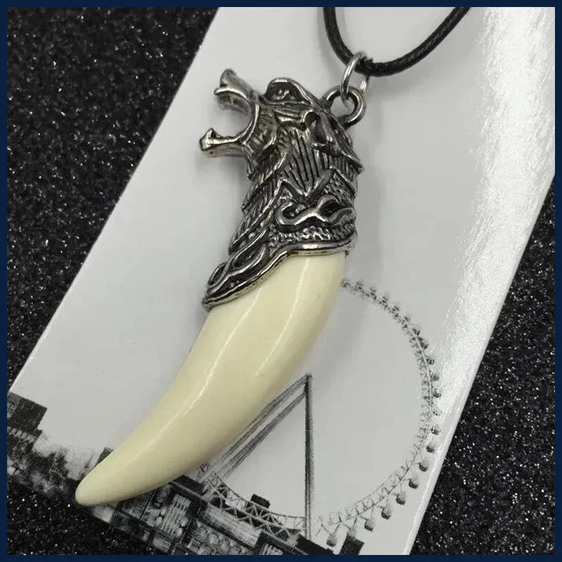 White Wolf Tooth Pendant Necklace Rope Chain Animal Amulet Jewelry