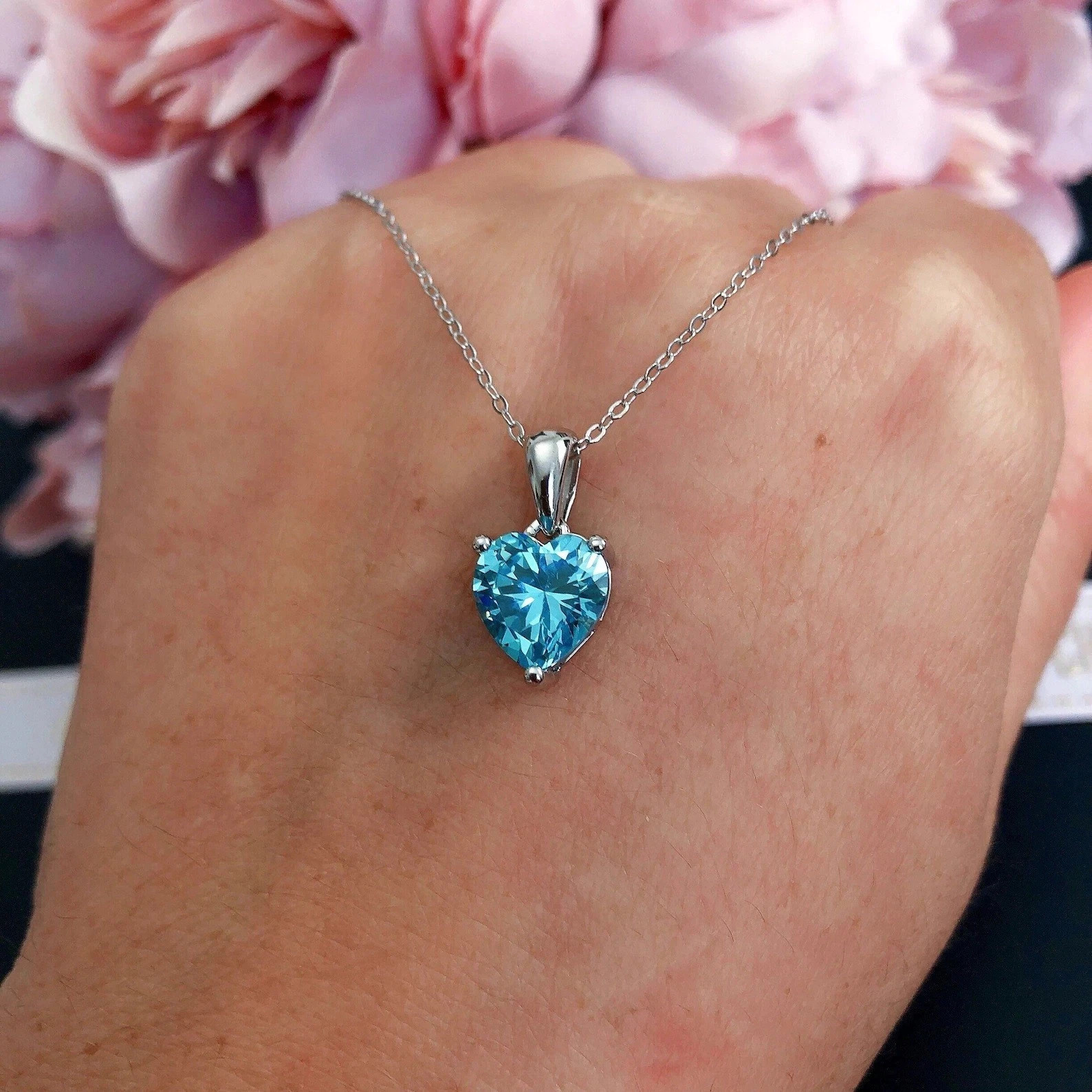 7MM Heart Cut Simulated Blue Topaz Pendant 14K White Gold Plated 925 Silver