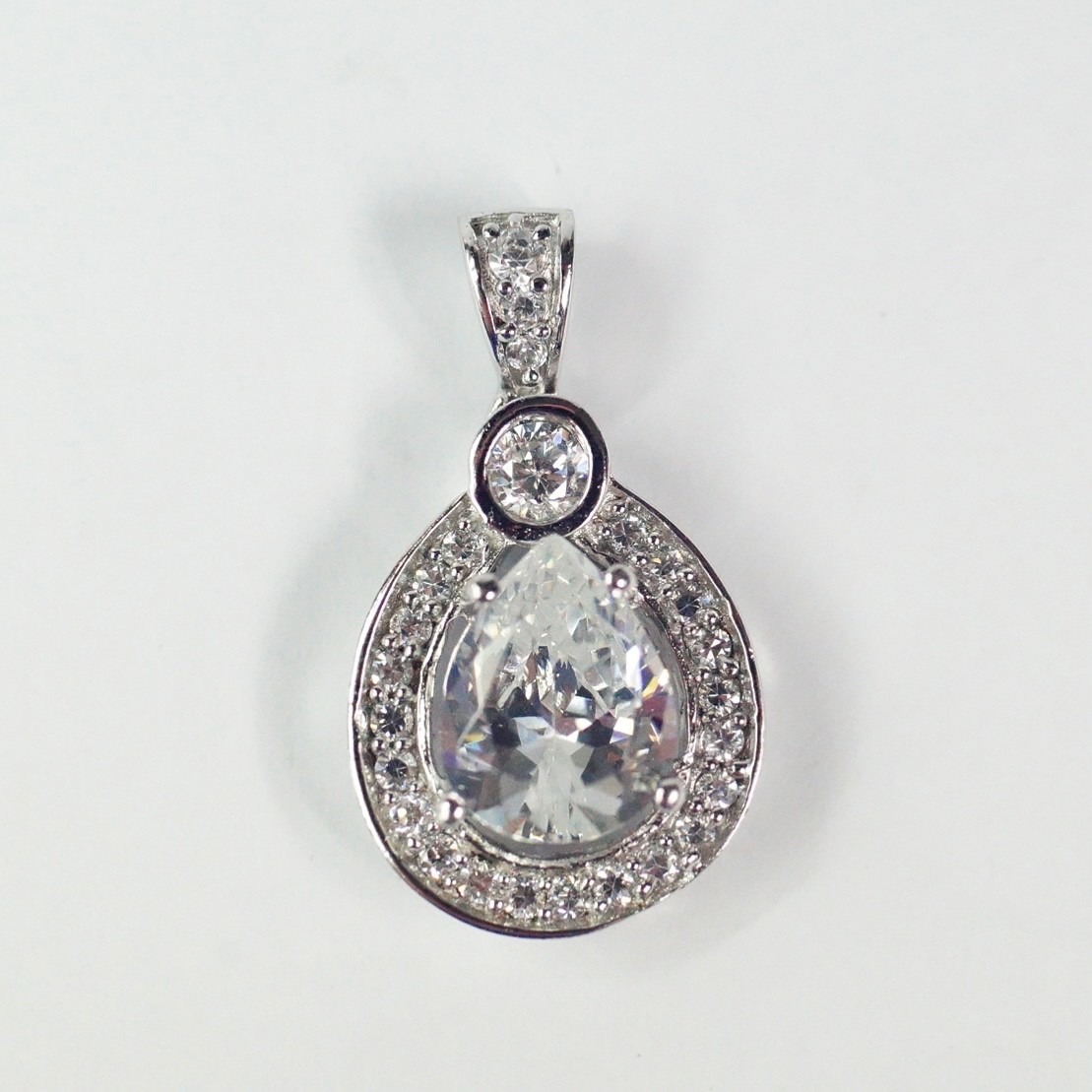Sterling Silver White Clear Colorless CZ Teardrop Halo Pendant