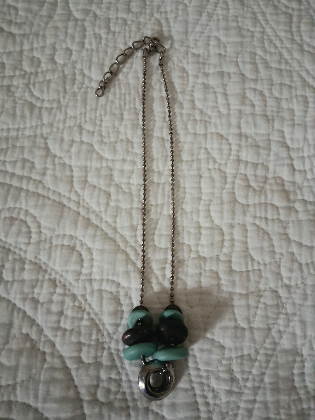 18″ Long Necklace Brown, Aqua & Silver Beads 3″ Extender Lobster Claw Clasp