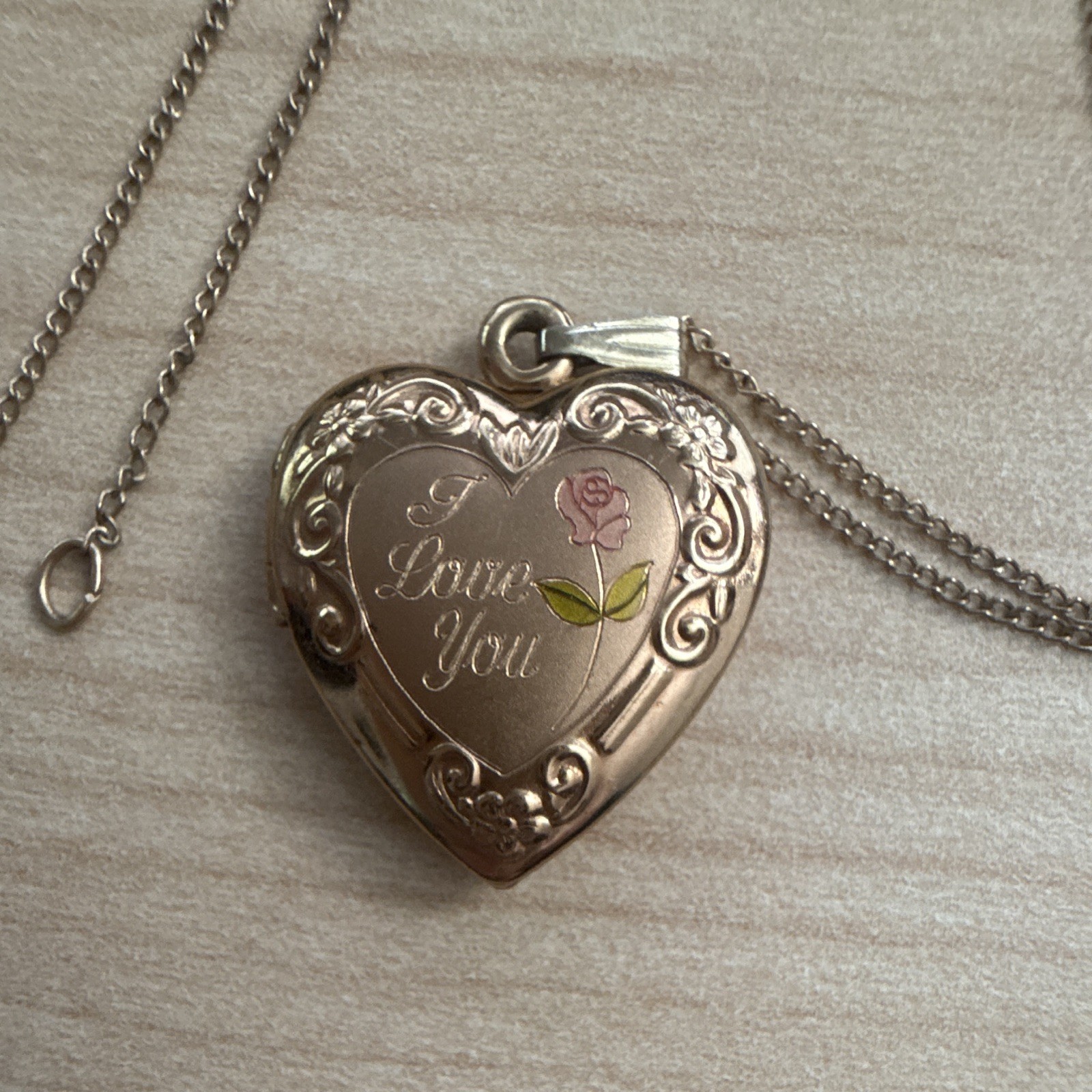Vintage 12K Gold Filled I Love You Heart Locket Necklace Sterling Silver Bail