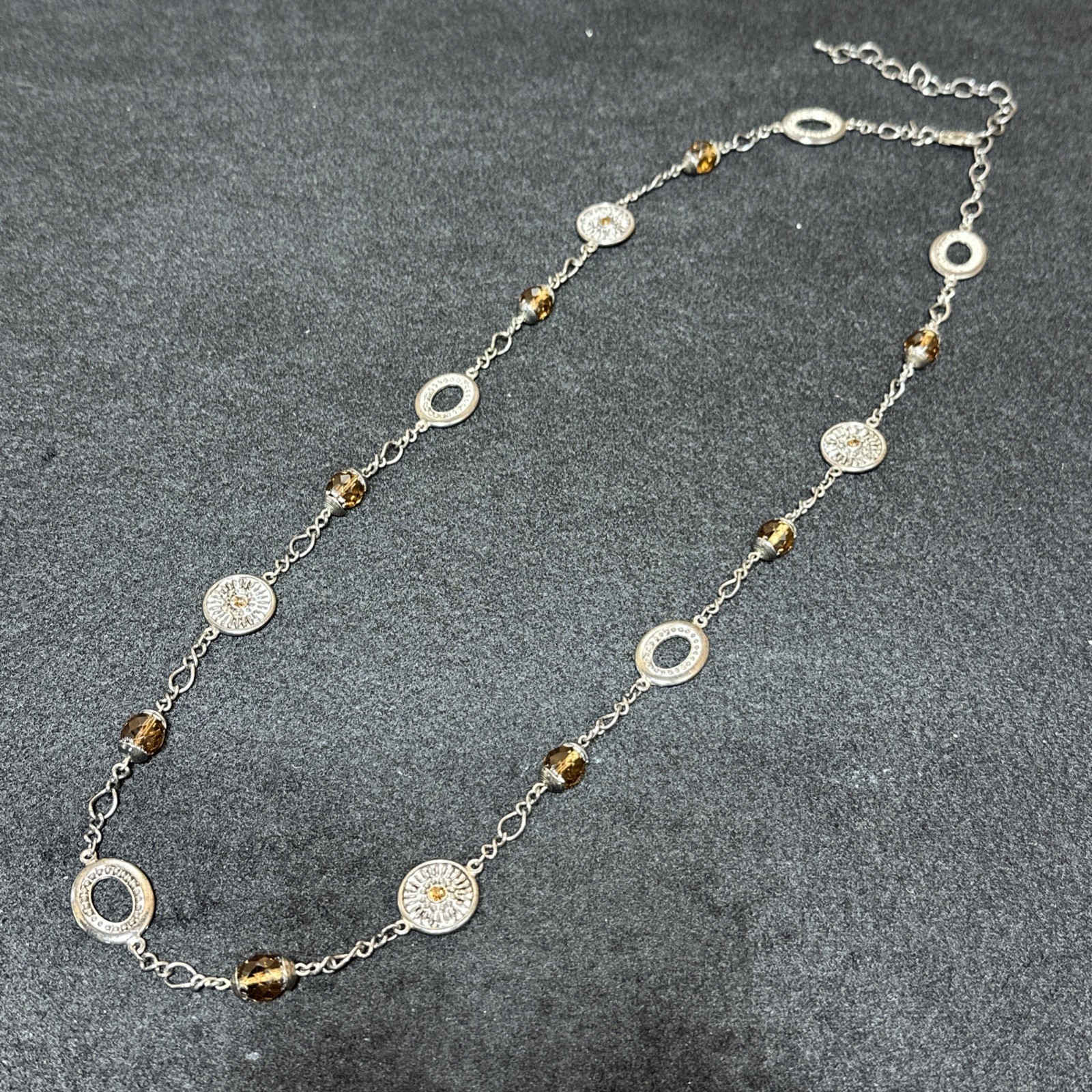 Premier Designs Silver Tone Discs And Amber Colored Beads Necklace