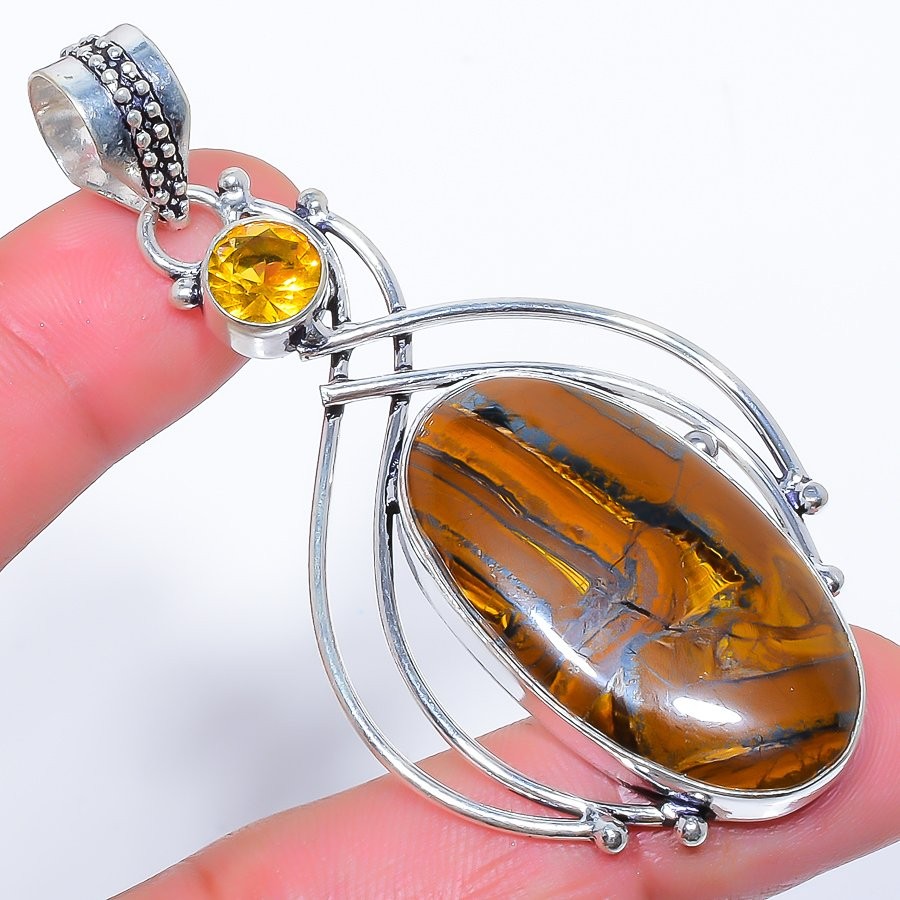 Natural Tiger’S Eye & Citrine 925 Silver Plated Jewelry Pendant 2.9″ T1643