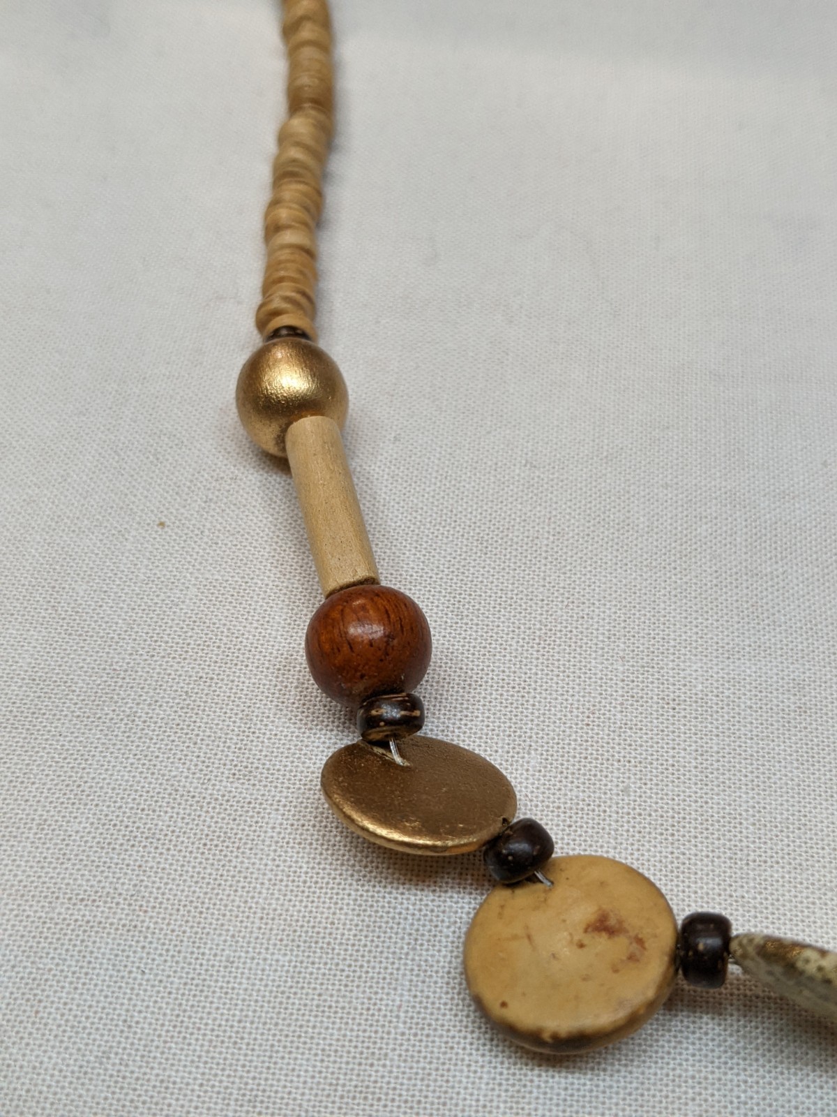 Long Wood & Wicker Bead Necklace Beige Brown Tribal Ethnic Boho Jewelry ~40″