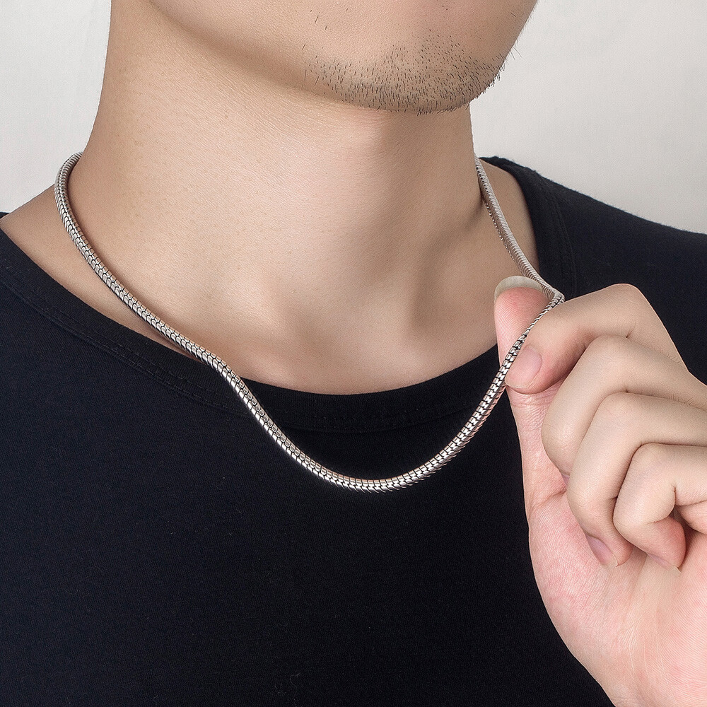 925 Sterling Silver Round Snake Necklace Lobster Claw Clasp for Men Boys Women
