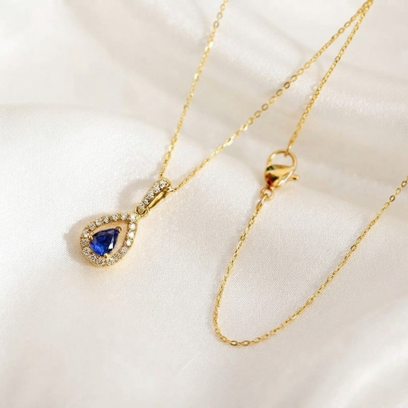 Gold Blue Cubic Zirconia Teardrop Pendant Necklace Women Wedding Jewelry Gift