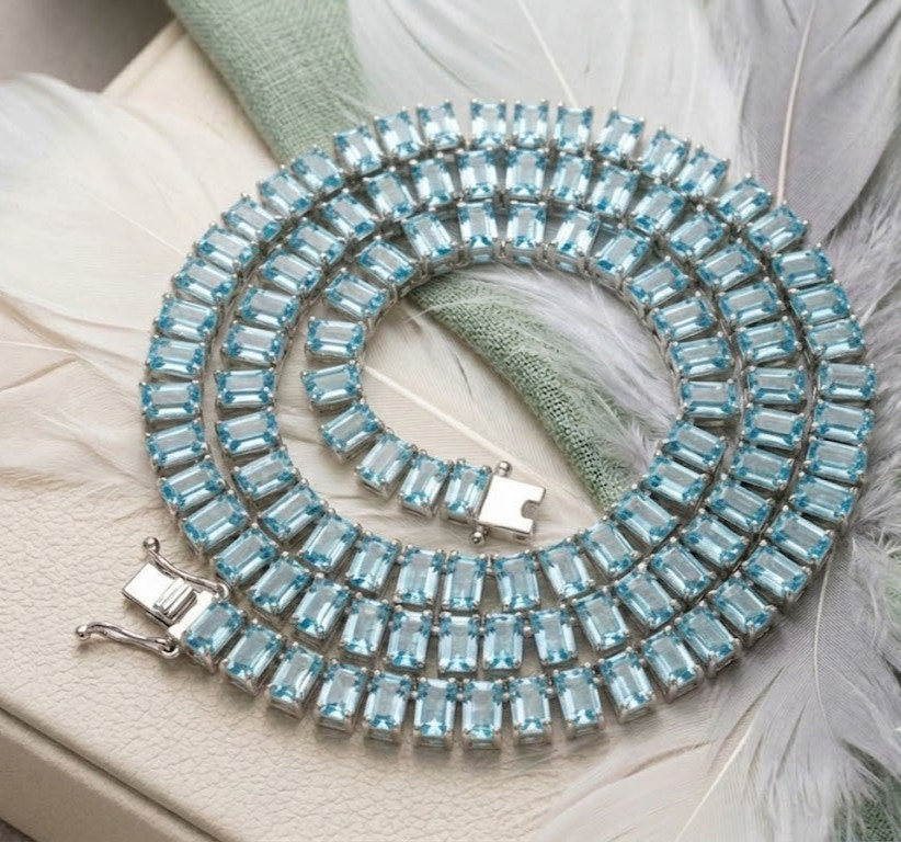 Natural Sky Blue Topaz Baguette Tennis Necklace In 925 Sterling Silver Jewelry