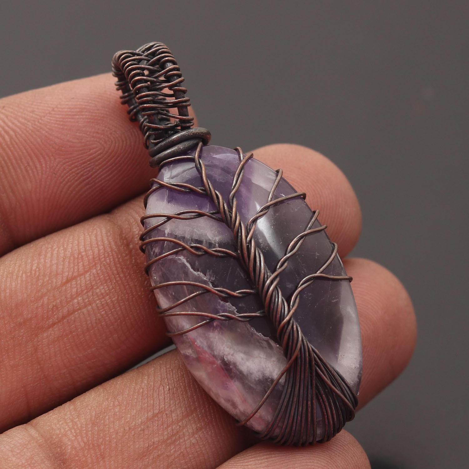 Amethyst Lace Gemstone Copper Wire Wrapped Handmade Pendant Jewelry Gift For Her