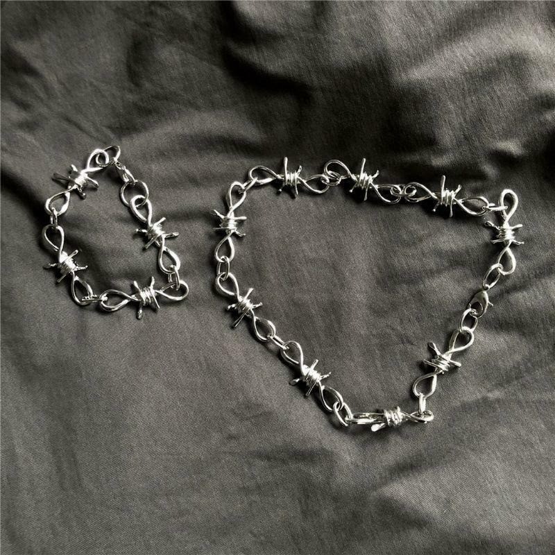 2Pcs/Set Punk Rock Emo Goth Silver Barbed Wire Bramble Chain Choker Necklace 20″