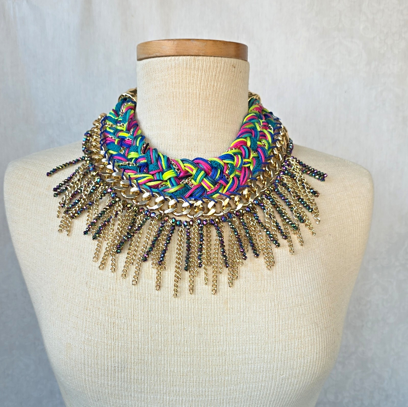 Multicolor Braided Cord Statement Bib Necklace Gold Tone Curb Link Crystal