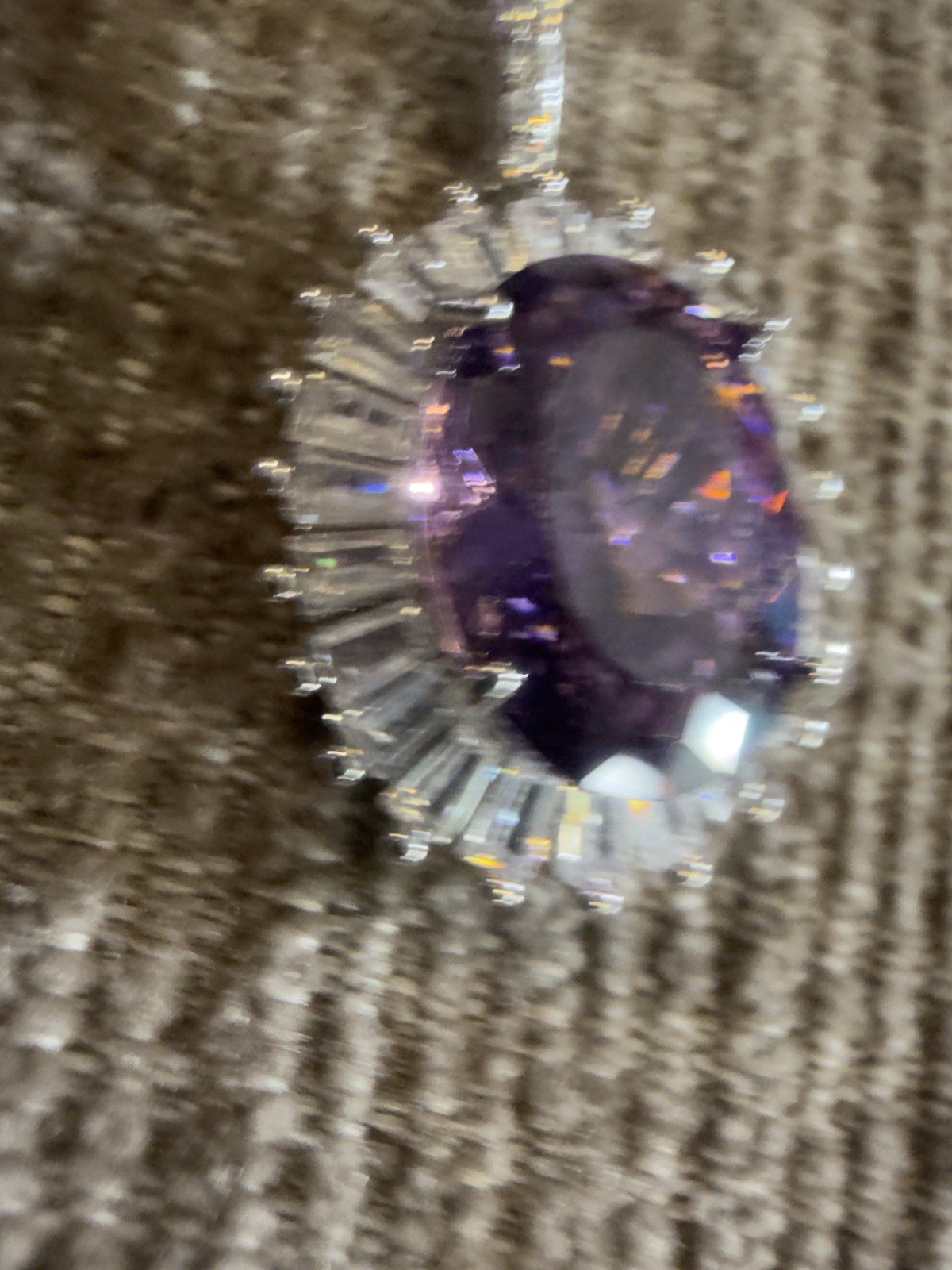 Silver Tone Oval Purple Amethyst Crystal Halo Pendant Necklace, Prong Set