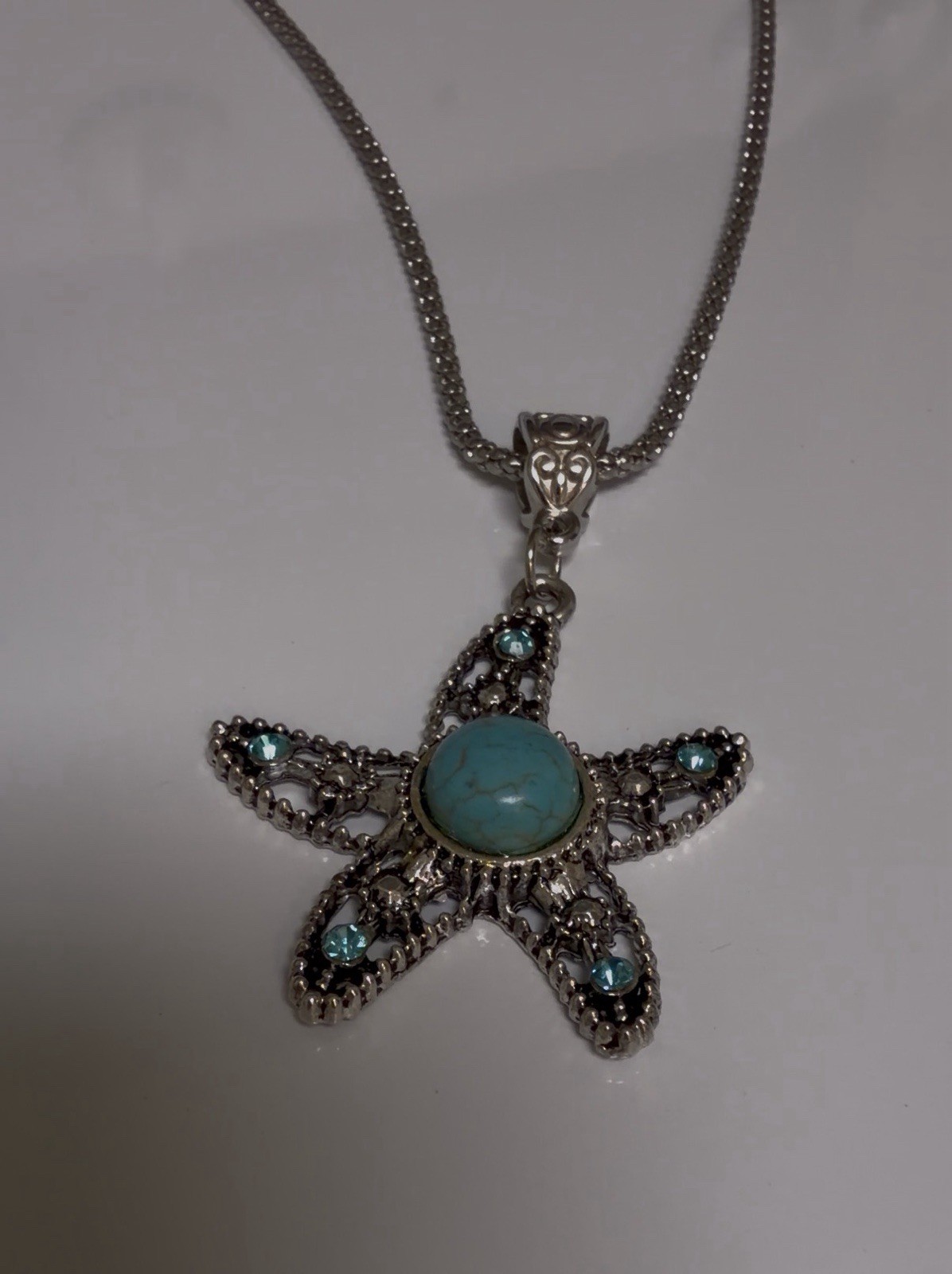 Vintage Boho Starfish Pendant Necklace Turquoise Style Silver Tone Coastal