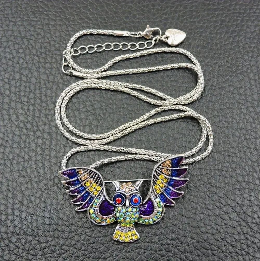 Betsey Johnson Necklace Multicolor Crystal Owl Pendant Brooch Silver Tone