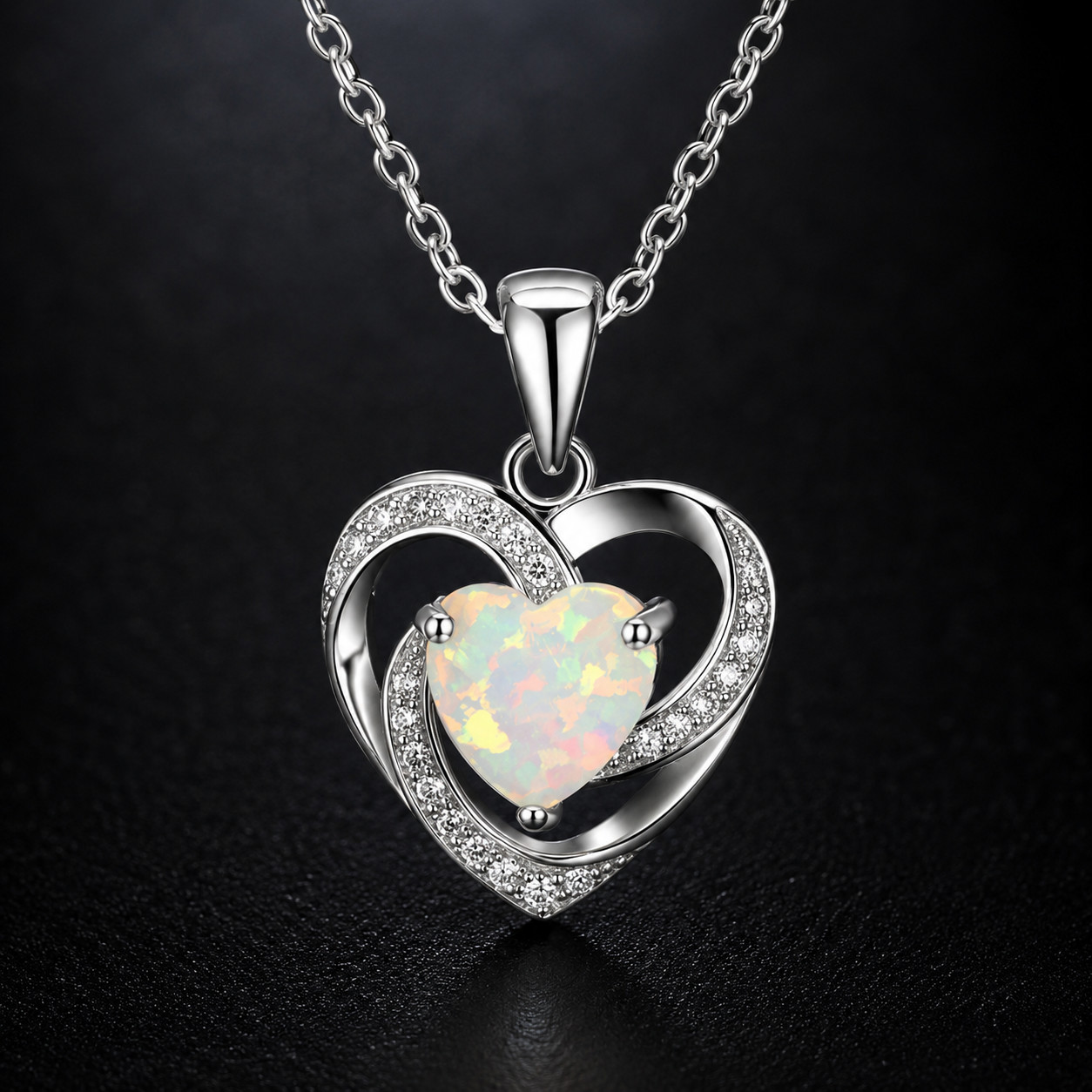 925 Sterling Silver Plated Faux Opal Heart Pendant Necklace 18″ Gift Jewelry