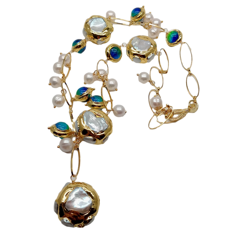 Freshwater Cultured White Keshi Pearl Blue Murano Glass Necklace 21″