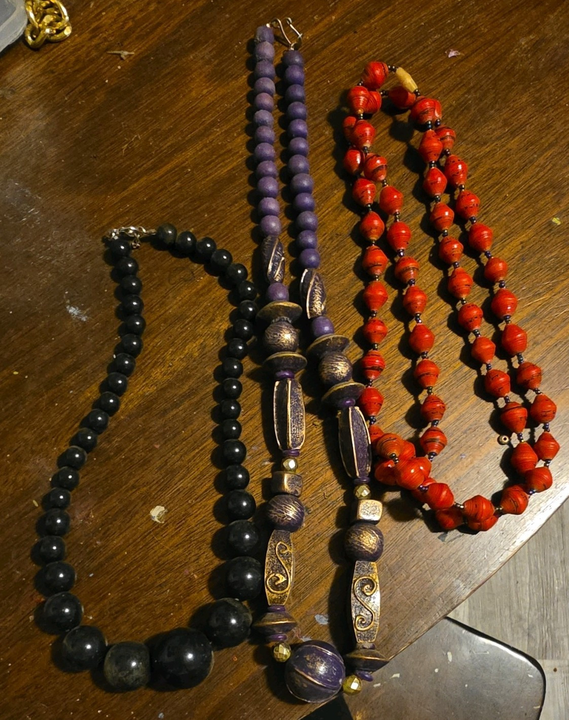 Beaded Necklace Lot of 3, Black Purple Orange, Wood & Plastic, Hook