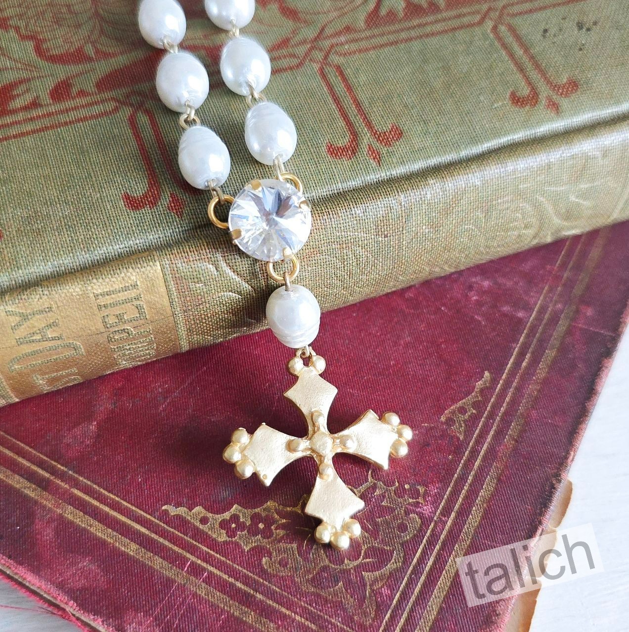 Designer VB&CO French Vintage Cross White Pearl Matte Gold Necklace Elegant Chic