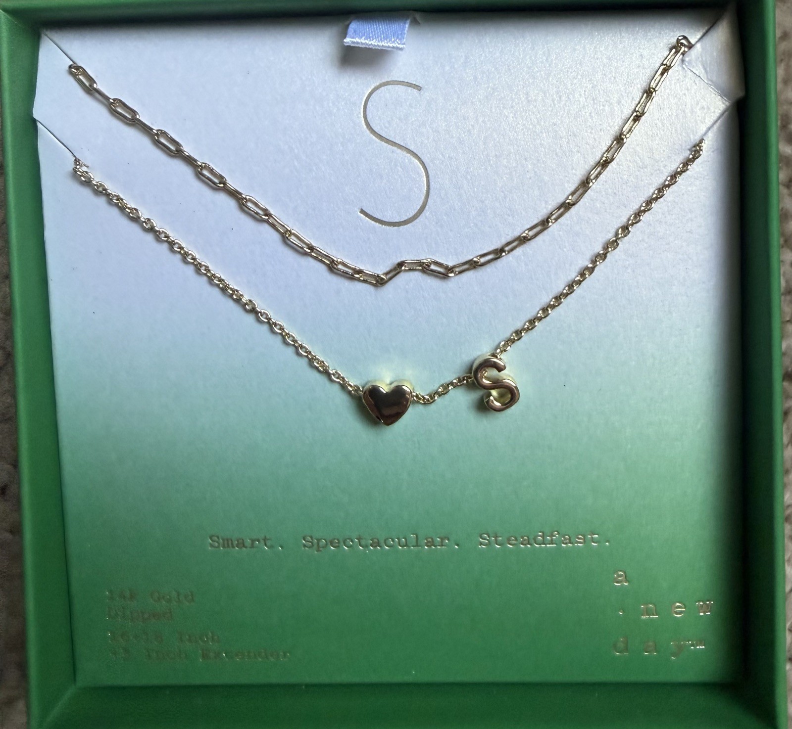 14K Gold Plated Initial S Heart Chain Duo Necklace A New Day New In Box