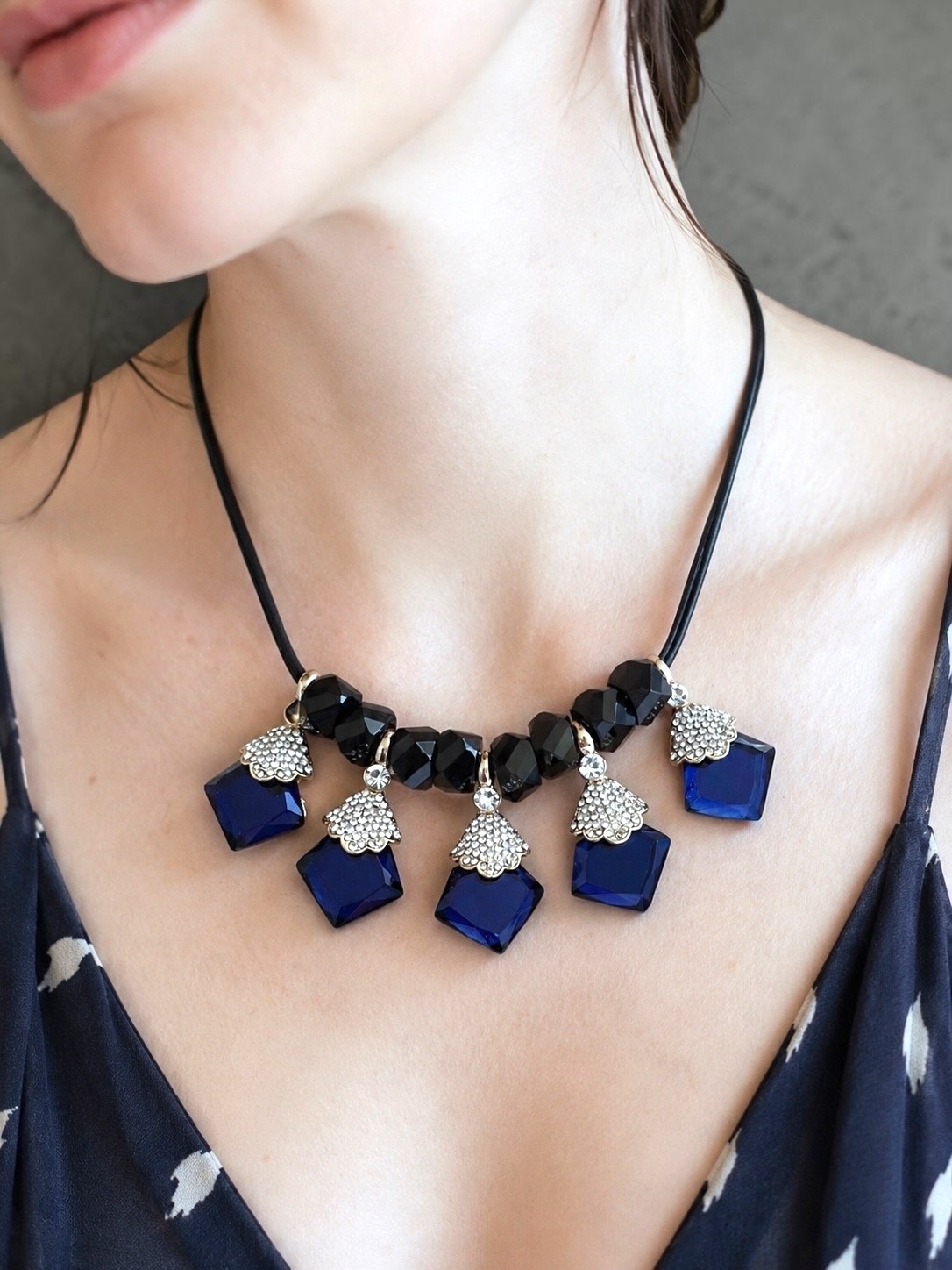 Black Soutache Navy Blue Crystals Rhinestones Casual Chic everyday Necklace