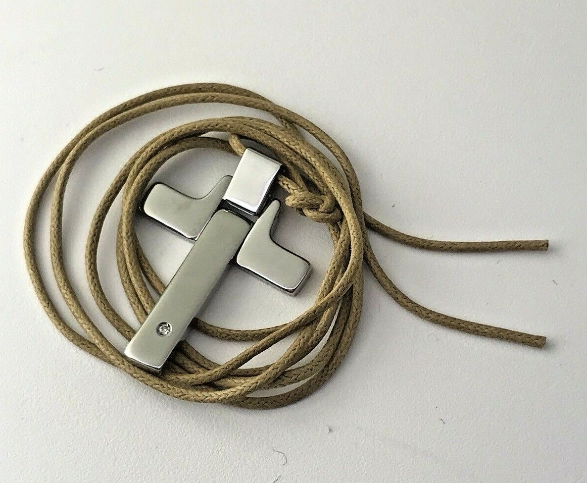 Clessidra St.Steel Cross Pendant Brown Silk Cord Necklace Adjustable 28″ Italy