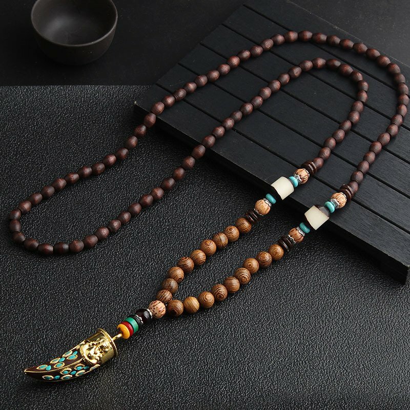 Ethnic Style Wooden Beads Pendant Necklace Tibetan Long Sweater Chain Jewelry