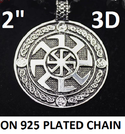 Large KOLOVRAT RUNE SUN WHEEL Pendant on 26″ 925 Plated Sterling Silver Necklace