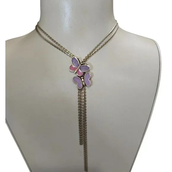Stephan & Co Butterfly Enamel Lariat Brass Plated Purple Necklace NWT