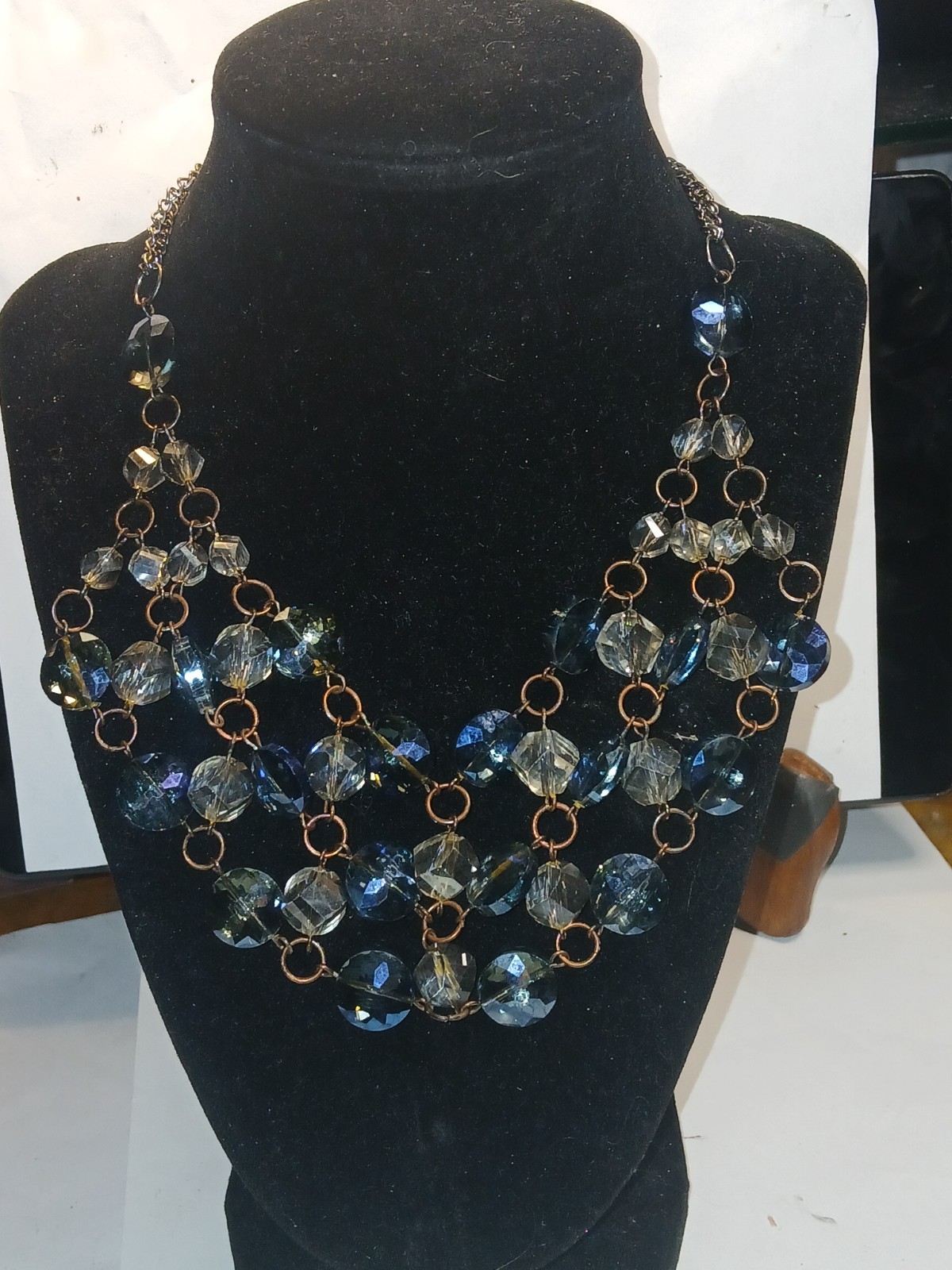 3 tiered gold tone chain with clear & blue glass dangling crystal necklace