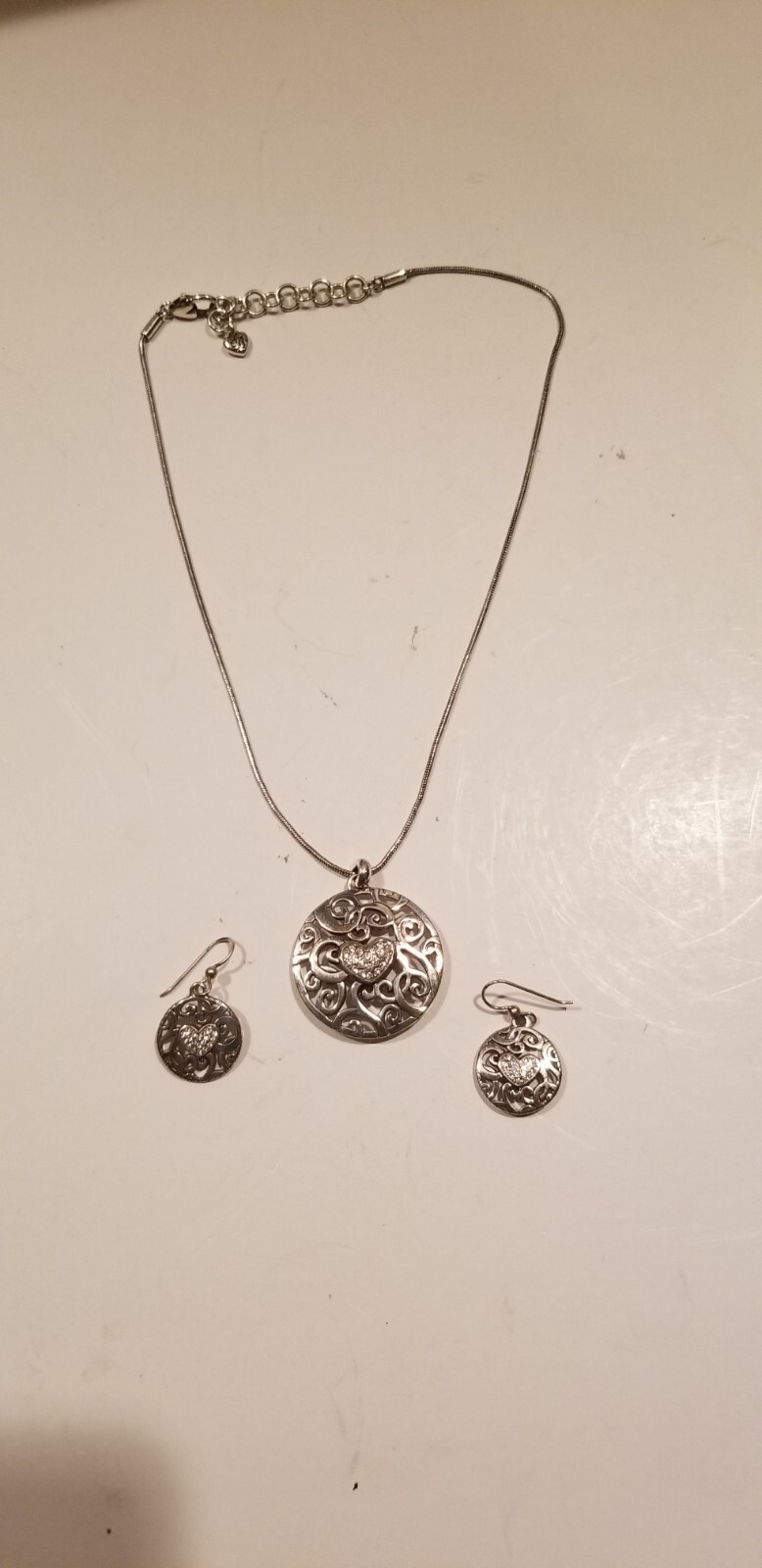 Brighton CONTEMPO Silver HEART Necklace Pendant & Earrings preowned as shown