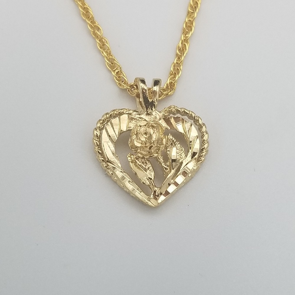14KT GOLD PLATED HEART & ROSE CHARM & 18″ 14KT GOLD EP ROPE CHAIN-2075