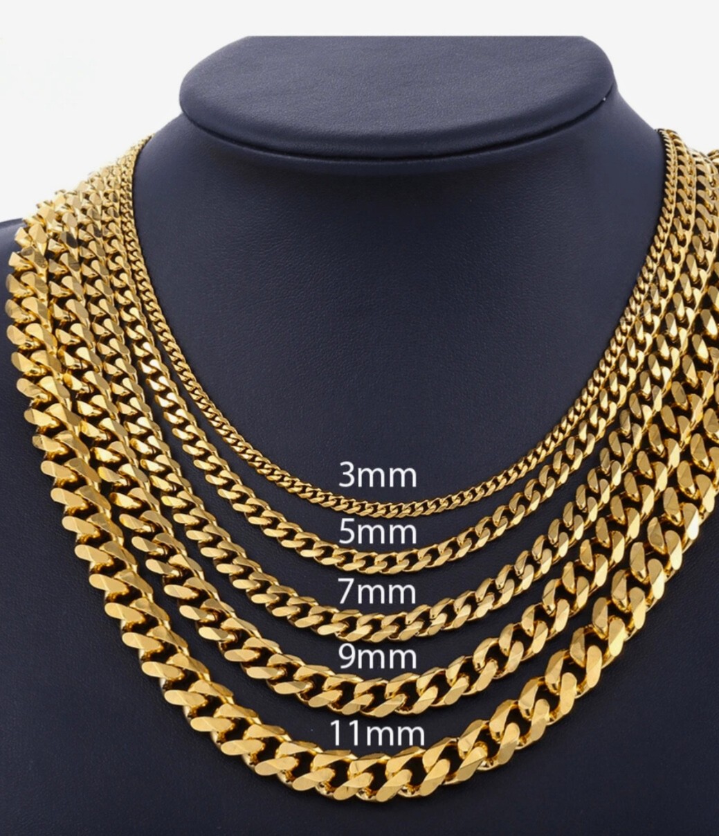 18K Gold Plated Cuban Link Chain Necklace Stainless Steel Curb 3.6–8mm 14–30in