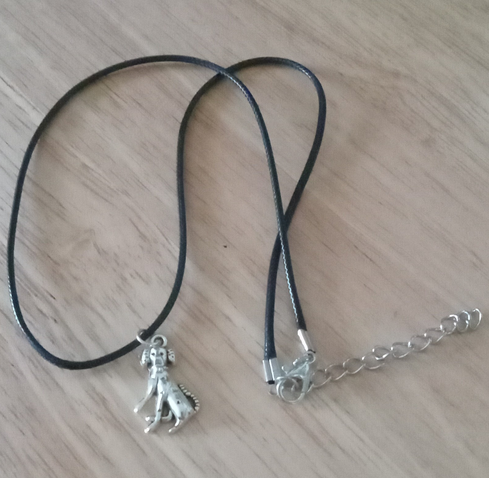Dog Charm Pendant Necklace Adjustable Black Cord Silver Tone Metal Lobster