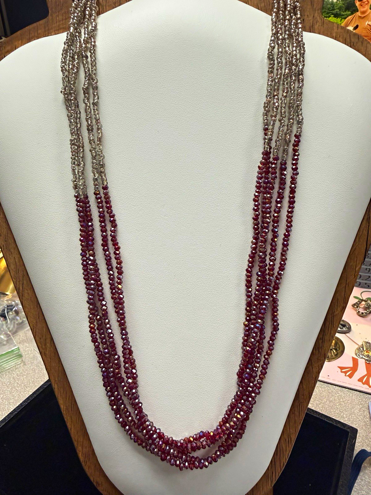 LOFT Signed Layered Multi-Strand Glass Bead Necklace Clear Purple Gold Tone