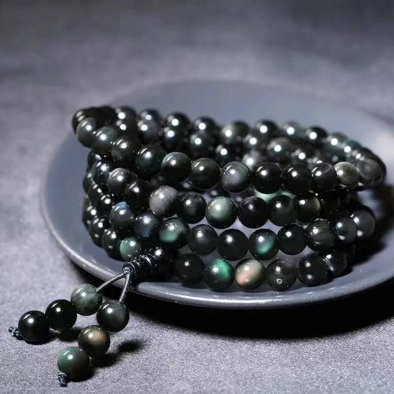 Natural Rainbow Obsidian 108 Mala Beads Necklace Vintage Healing Wrap Bracelet