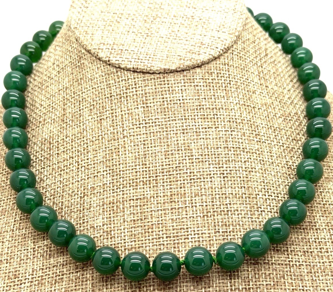 JADE OF YESTERYEAR JOY STERLING SILVER DARK GREEN HAND KNOTTED 11MM NECKLACE NEW