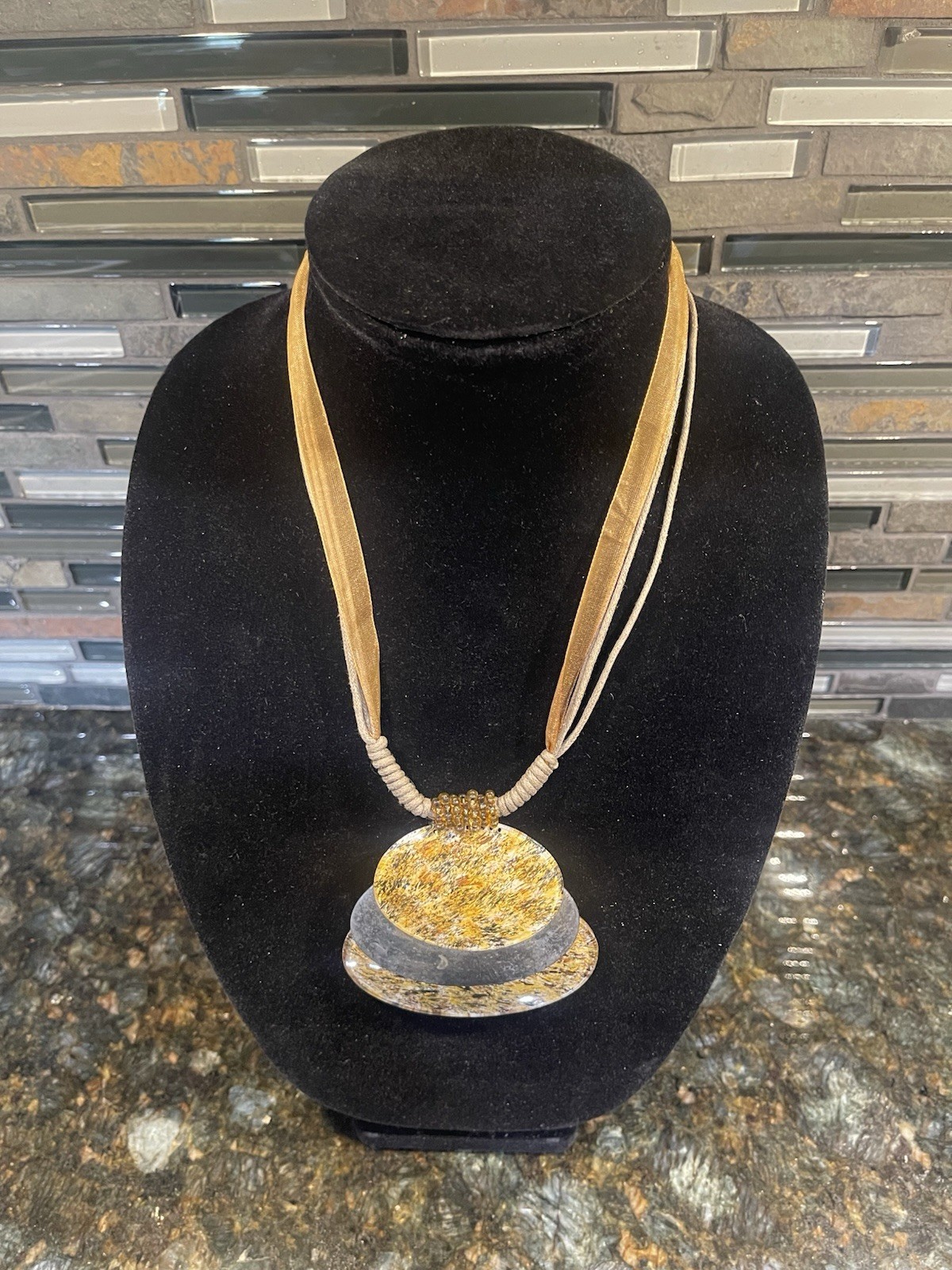 Large Gold Gray Abstract Statement Pendant Necklace Ribbon Cord Modern Fashion