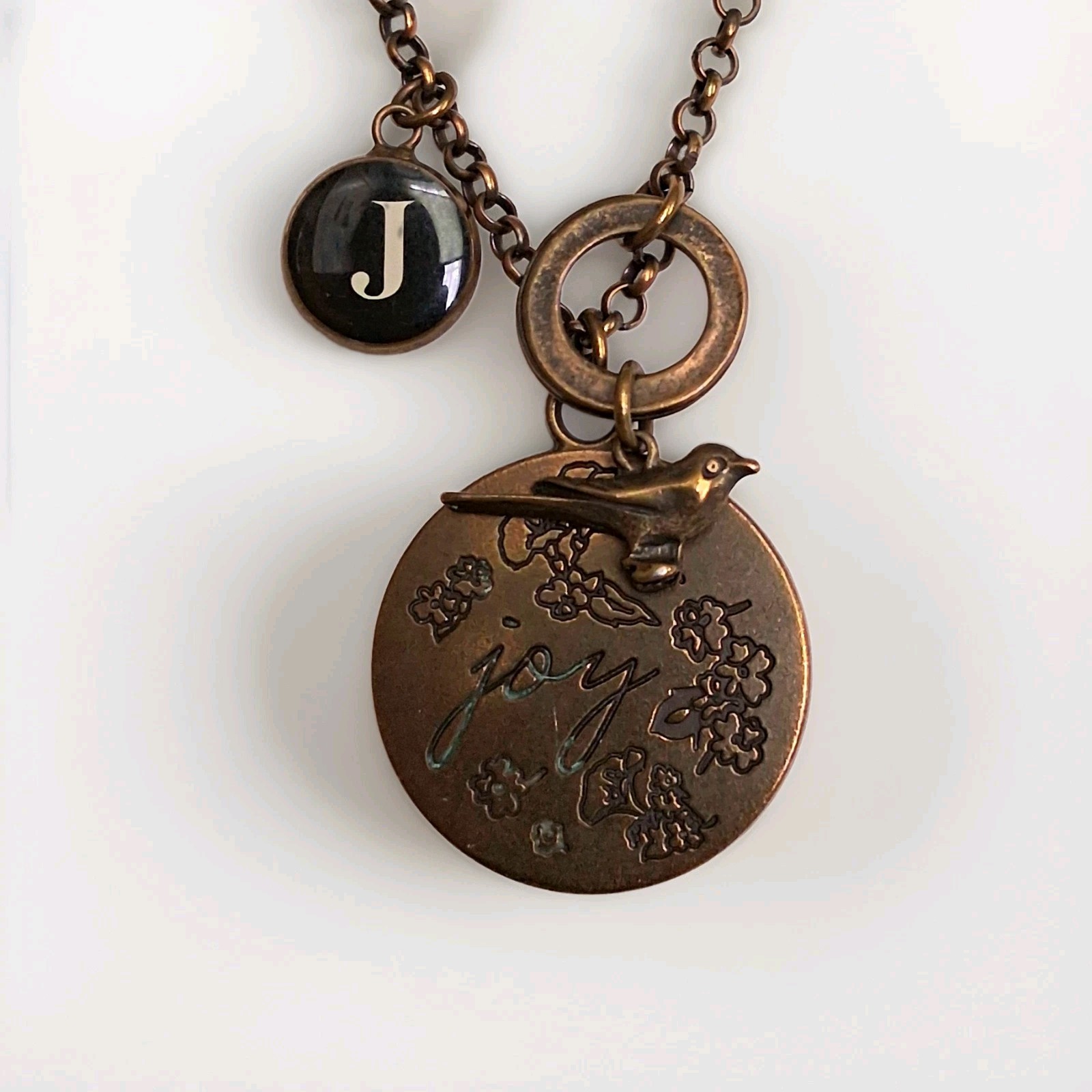 Bronze Tone Metal Cable Chain Necklace, Engraved Psalm 16:11 Disc, J Charm