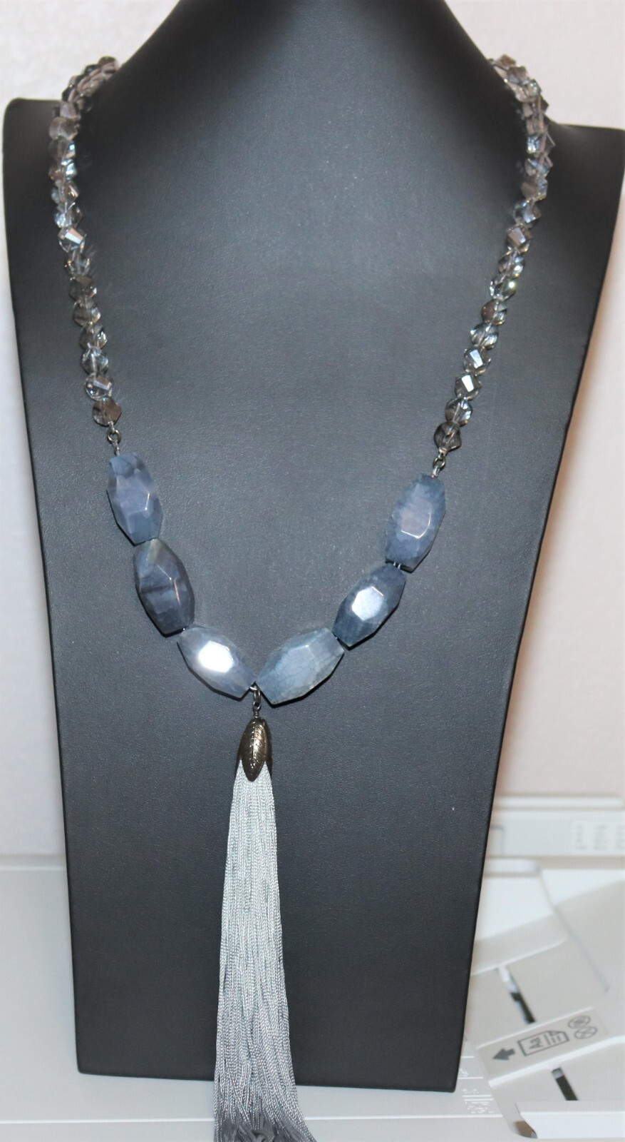 John Wind Gray Stone and Faceted Beads Necklace with Tassel NEW with Tags